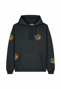 Felpa nera con tasca frontale a marsupio e cappuccio con coulisse. Presenta disegni colorati di sole e luna in giallo e blu sulle maniche.