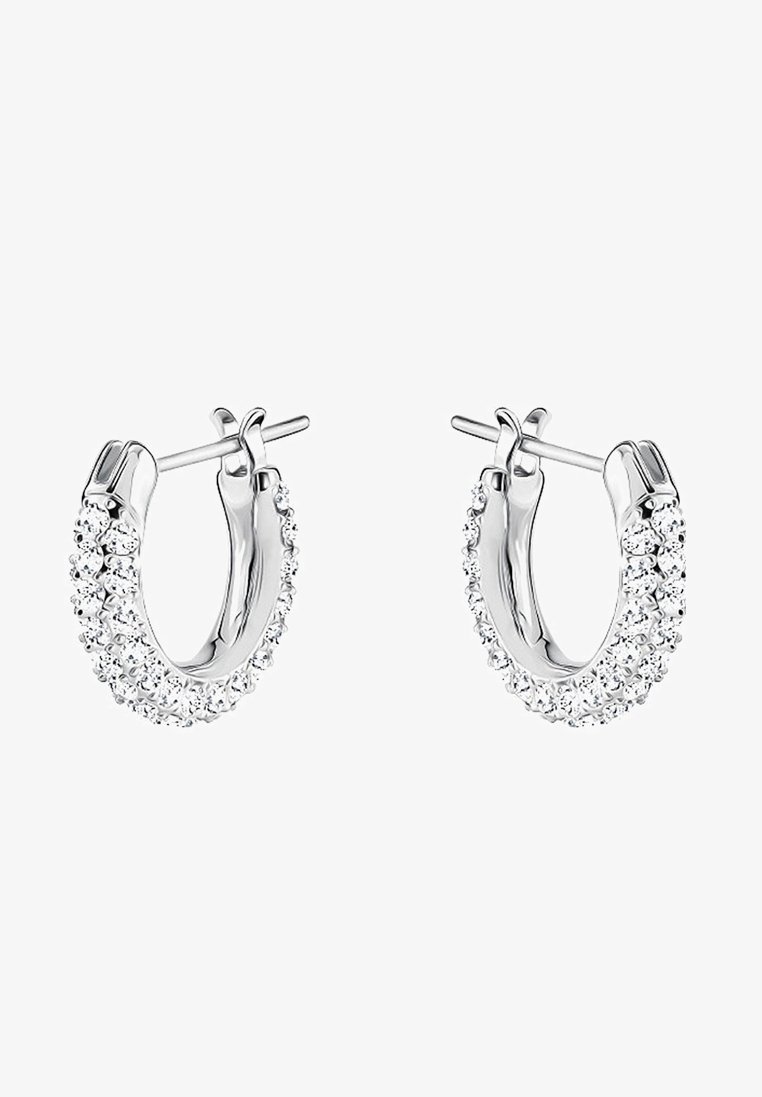 Boucles d'oreilles créoles en argent serties de deux rangées de petites pierres précieuses rondes et transparentes, avec fermoir tige et papillon.
