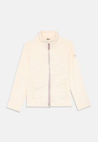 Giacca in pile crema con maniche lunghe, zip frontale, motivo goffrato sottile e piccolo logo ricamato sulla manica sinistra.