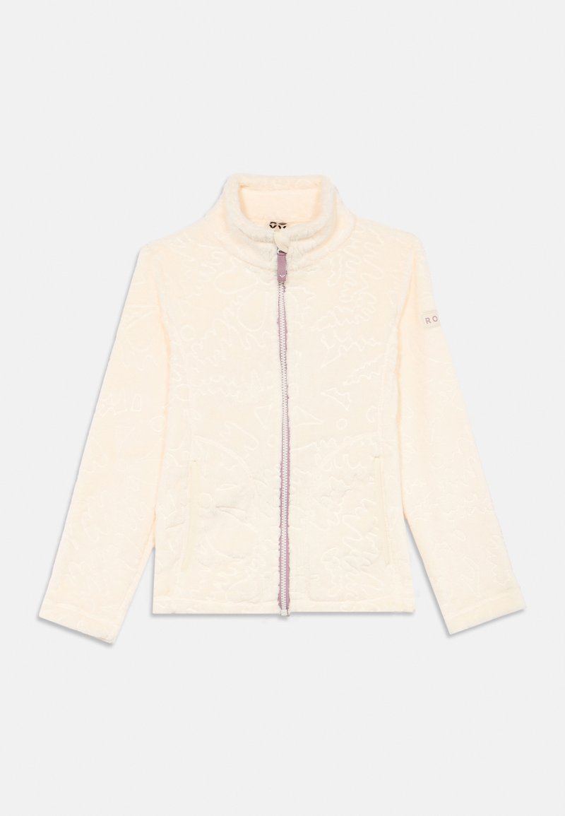 Giacca in pile crema con maniche lunghe, zip frontale, motivo goffrato sottile e piccolo logo ricamato sulla manica sinistra.