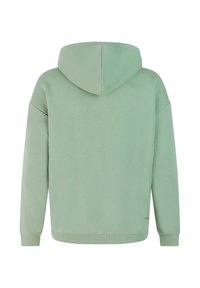 Muntgroene hoodie met een ontspannen pasvorm, grote capuchon en ribgebreide manchetten. Gladde textuur, geen zichtbare patronen of hardwaredetails.