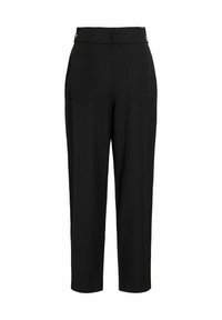 Zwarte broek met een hoge taille, voorzien van een gladde textuur, twee achterzakken en een op maat gemaakte pasvorm. Eenvoudig ontwerp zonder zichtbare hardware.