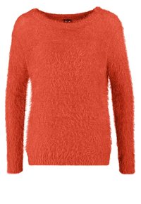 Mjuk orange tröja med långa ärmar, vid halsringning och textil med struktur för värme. Rakt snitt vid nederkanten.