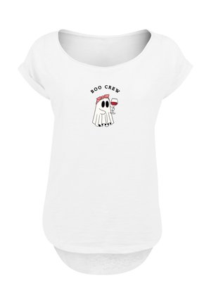 White t-shirt with small cartoon ghost wearing a pink bow holding a glass of red wine, text above reads "BOO CREW."