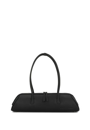 Geantă neagră îngustă, dreptunghiulară, cu două mânere și închidere cu fermoar, formă structurată potrivită pentru a transporta obiecte mici sau accesorii.