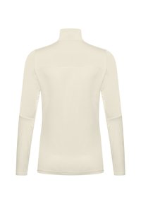 Lichtbeige longsleeve top met een hoge kraag, gladde textuur en vlakke naden. Minimalistisch ontwerp zonder zichtbare logo's of patronen.