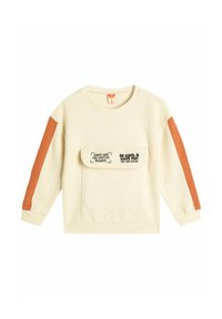 Sudadera de color crema claro con textura de canalé, detalles en naranja en las mangas y un bolsillo frontal con mensajes positivos impresos.