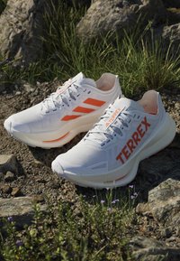 Chaussures de trail running Adidas Terrex blanches et orange posées sur un sol rocheux avec de l'herbe et de petites fleurs violettes.