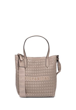 Beige doorboorde tote bag met dubbele handvaten en een afneembare schouderriem. Voorzien van de geperste merknaam "HISPANITAS" aan de voorkant.