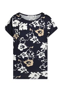 Navy blue floral short-sleeve top with cream and beige flower patterns, round neckline, soft fabric, and relaxed fit. Brand label visible.
