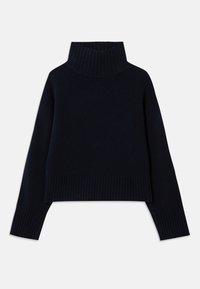 Czarny prążkowany sweter z golfem, z długimi rękawami i szerokimi mankietami, z krótkim dołem, leżący na białym tle.