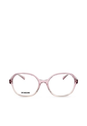 Montatura per occhiali rettangolare arrotondata rosa trasparente con lenti chiare, con marchio "Love Moschino" sulla lente sinistra.