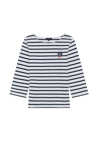 Randig långärmad topp med marina och vita horisontella ränder, en båtkrage och en broderad patch på vänster bröst.