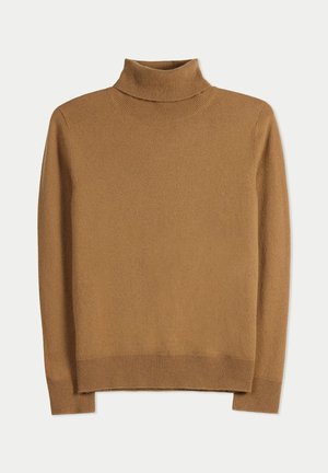 Brauner Langarm-Rollkragenpullover mit geripptem Kragen, Bündchen und Saum, flach auf hellem Hintergrund präsentiert.