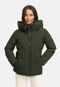 Dark green puffer jacket with a high collar, front zipper, and quilted pattern. Features side pockets and a relaxed fit design.