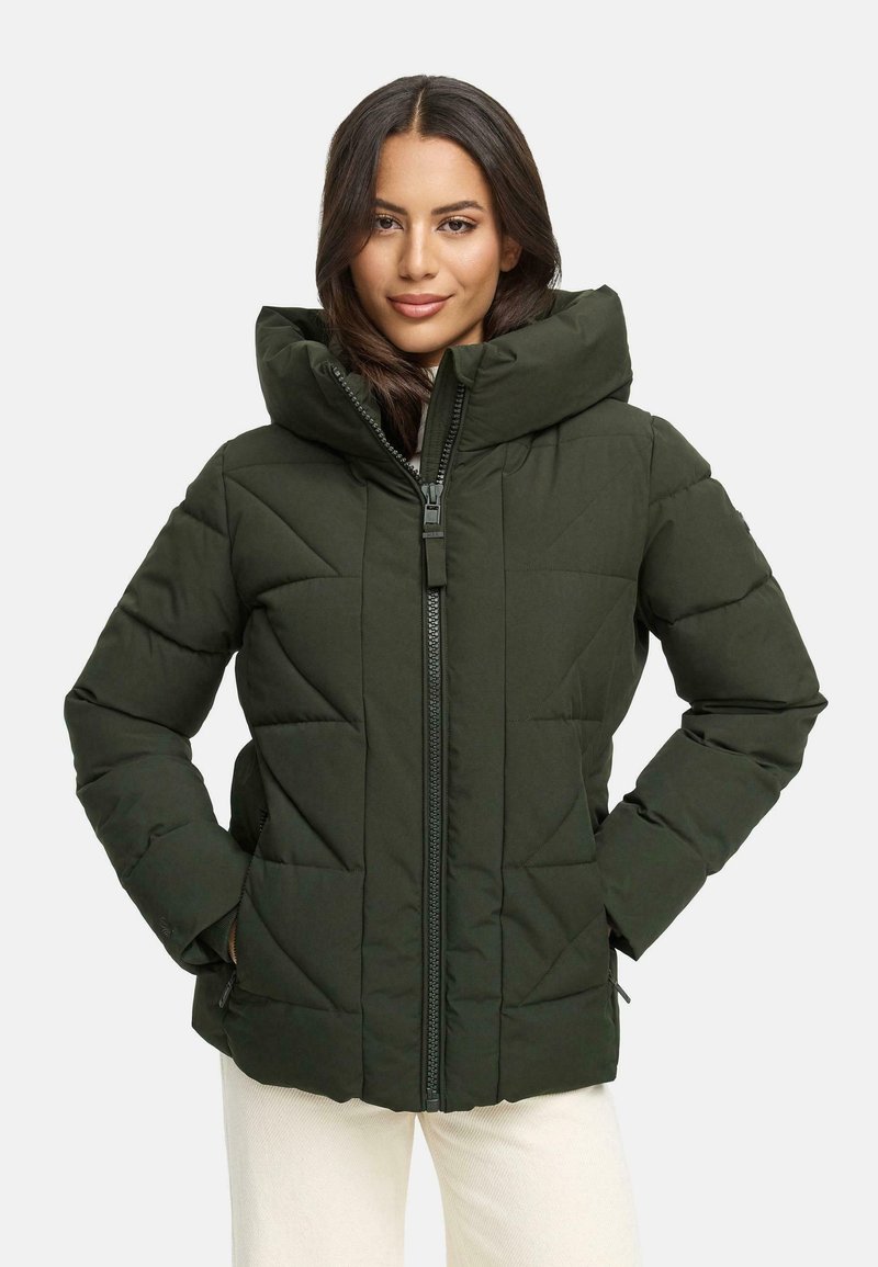 Dark green puffer jacket with a high collar, front zipper, and quilted pattern. Features side pockets and a relaxed fit design.