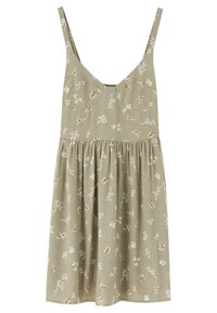 Robe fleurie vert clair avec des bretelles fines, taille froncée et jupe fluide. Présente de petits motifs de fleurs blanches et orange.