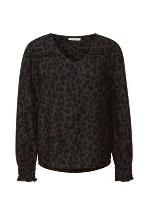 Blusa de estampado de leopardo negro con escote en V, mangas largas y puños fruncidos. Hecha de una tela ligera con un corte relajado.