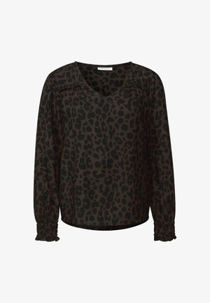 Zwarte blouse met luipaardprint, voorzien van een V-hals, lange mouwen en geplooide manchetten. Gemaakt van lichtgewicht stof met een relaxte pasvorm.