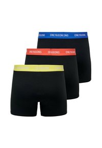 Kolme paria mustia boxer-alihaalareita, joissa on värilliset elastiset vyötärönauhat sinisenä, punaisena ja keltaisena, sekä painettu "ONLY&SONS" -logo.