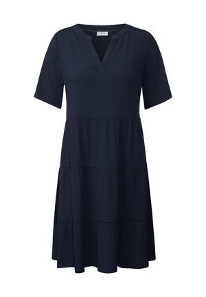 Abito blu navy con scollatura a V, maniche corte, design a strati e tessuto testurizzato. Presenta una vestibilità ampia e un orlo lunghezza ginocchio.