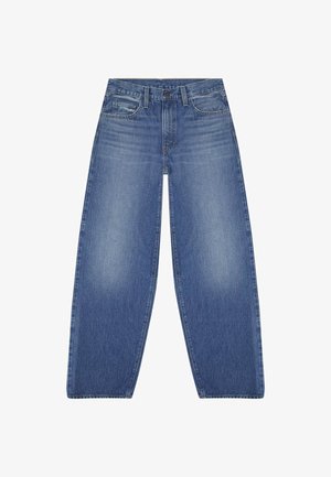 Lysblå, brede jeans med en klassisk denimstruktur, fem-lomme-design og frontknaplukning. Abraderede detaljer på stoffet.