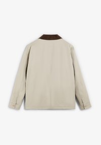 Beige jacket with a brown corduroy collar, featuring long sleeves and button cuffs. Smooth texture, casual design with no visible patterns.