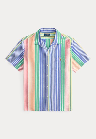 Πουκάμισο με κοντά μανίκια και κουμπιά, με πολύχρωμες κάθετες ρίγες σε μπλε, πράσινο, πορτοκαλί και κόκκινο. Διαθέτει τσέπη και γιακά. Κατασκευασμένο από βαμβακερό ύφασμα.
