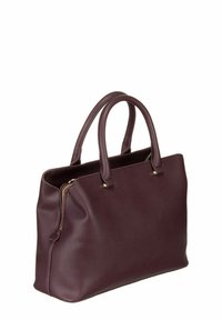 Sac fourre-tout en cuir violet avec deux poignées, fermeture zippée, surface texturée et éléments en métal doré. Design robuste et spacieux.