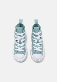 Sneaker alte in tela blu chiaro con lacci bianchi e punte di gomma, dotate di un tallone ad anello per una facile calzata.