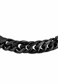 Catena intrecciata nera realizzata in pelle liscia, con anelli intrecciati dal texture uniforme e una leggera lucentezza.