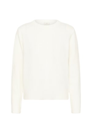 Suéter de punto blanco con cuello redondo y mangas largas. Tejido texturizado con un ajuste ligeramente holgado y dobladillo y puños acanalados.