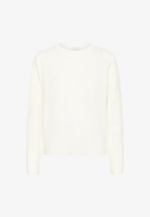 White knit sweater featuring a round neckline and long sleeves. Textured fabric with a slightly loose fit and ribbed hem and cuffs.