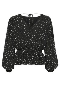 Blusa nera a pois con scollatura a V, maniche lunghe a sbuffo, vita smock e orlo a volant. Realizzata in tessuto leggero e fluido.