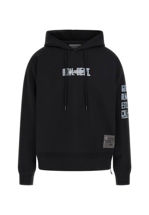 Schwarzer Kapuzenpullover mit grafischem Text auf der Vorderseite, gerippte Bündchen und Saum. Verfügt über einen seitlichen Reißverschluss und ein gewebtes Etikett am unteren Saum.