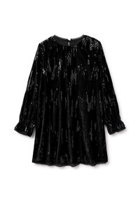 Černé sametové dlouhé šaty s flitry, s kulatým výstřihem, nařasenými rukávy a zakončené vroubkovaným lemem.