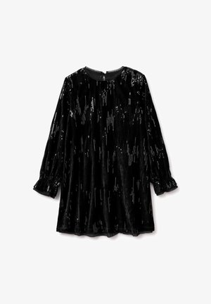 Schwarzes Samtkleid mit langen Ärmeln und Pailletten, mit rundem Ausschnitt, gerafften Ärmeln und einer wellenförmigen Saumlinie.