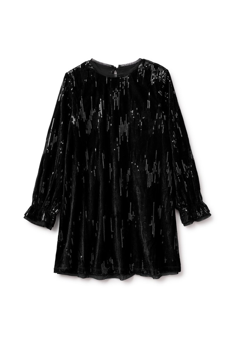 Černé sametové dlouhé šaty s flitry, s kulatým výstřihem, nařasenými rukávy a zakončené vroubkovaným lemem.