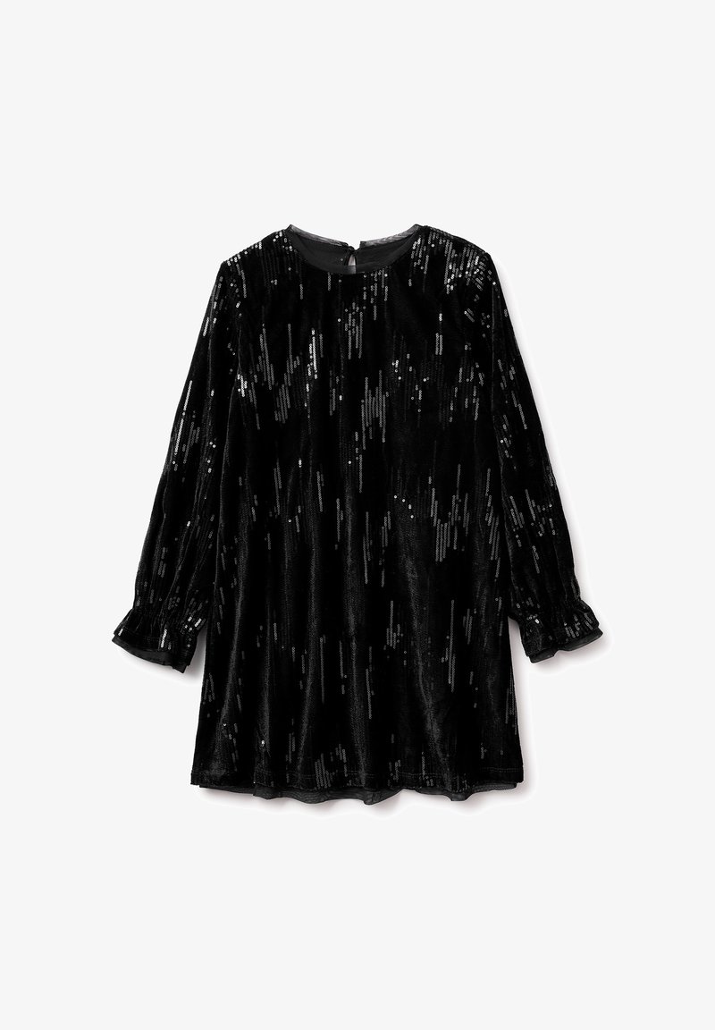 Abito lungo in velluto nero con maniche lunghe e paillettes, caratterizzato da uno scollo rotondo, maniche arricciate e orlo smerlato.