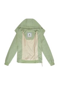 Jasnozielona kurtka z zamkiem błyskawicznym i kapturem, z gładką powierzchnią, miękkim beżowym podbiciem oraz ściągaczami na mankietach i u dołu. Metka z logo w środku.
