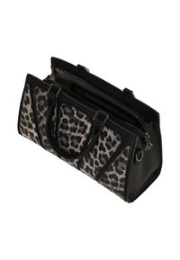 Borsa a tracolla con stampa leopardata nera e grigia, design strutturato, doppio manico, chiusura con zip e dettagli testurizzati. Presenta più scomparti.