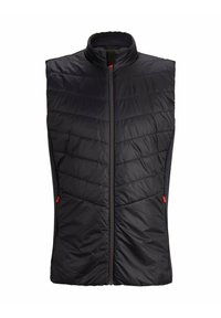 Smanicato imbottito nero senza maniche con collo alto, trapuntatura diagonale sul davanti e tiretti delle cerniere delle tasche frontali di colore rosso.