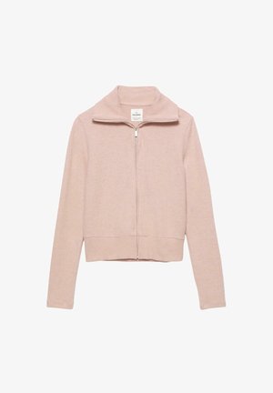 Pink zip-up sweater with a ribbed collar and cuffed hem. Made from soft material, featuring a fitted design and full front zipper.