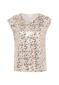 Top a maniche corte ricoperto di paillettes dorate e argentate su una base di tessuto beige. Collo rotondo e vestibilità comoda con texture liscia.