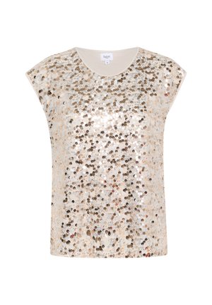 Cimdiņš ar īsām piedurknēm, kas pārklāts ar zelta un sudraba patsiņām uz bēša auduma pamata. Apaļa kakla izgriezums un brīvs griezums ar gludu tekstūru.