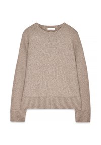 Beige gestrickter Pullover mit Rundhalsausschnitt, langen Ärmeln und gerippten Säumen. Besitzt einen strukturierten Stoff und eine lockere Passform.