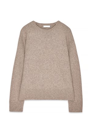 Beige gestrickter Pullover mit Rundhalsausschnitt, langen Ärmeln und gerippten Säumen. Besitzt einen strukturierten Stoff und eine lockere Passform.