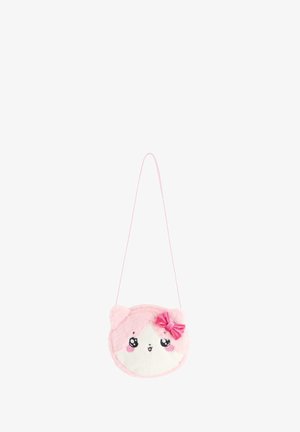 Kleine roze pluche crossbody tas met een kattengezicht, zwarte ogen, roze wangen en een roze strik op één oor.