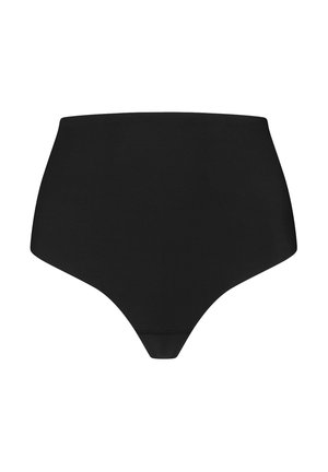 Hoogini zwarte bikini onderkant met een gladde, rekbare stof, een naadloos ontwerp en zonder zichtbare hardware of accenten.