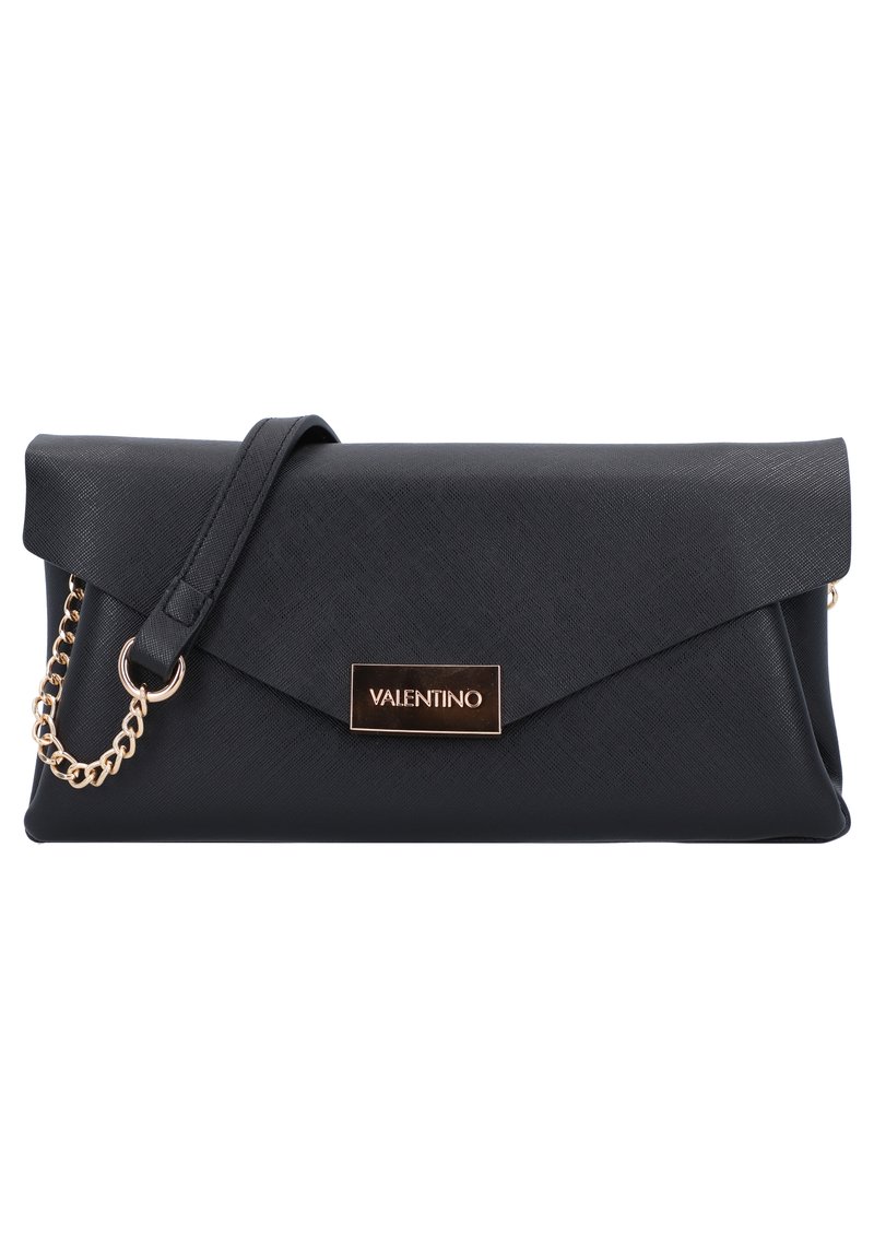 Black leather clutch bag with a chain strap, featuring an envelope design and a gold-tone logo plaque on the front. Smooth texture.